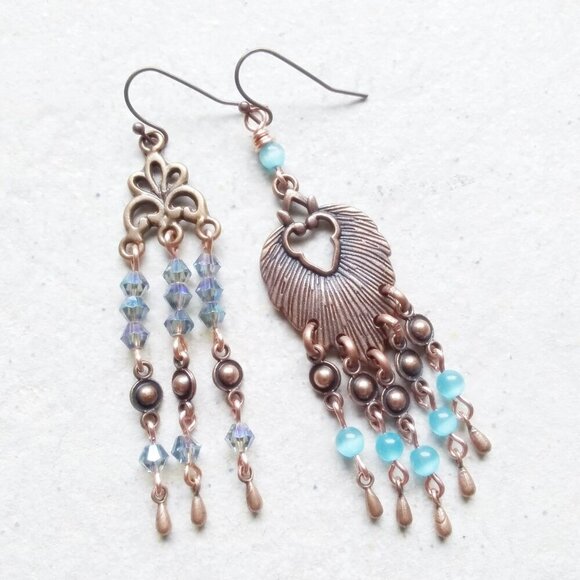 Handmade! Copper Leaf Shaped Chandeliers with Shimmering Aqua CatsEye Beads - Picture 7 of 8